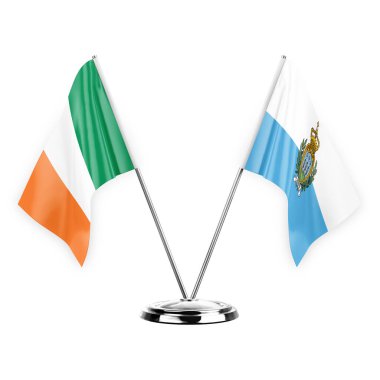 Two table flags isolated on white background 3d illustration, ireland and san marino