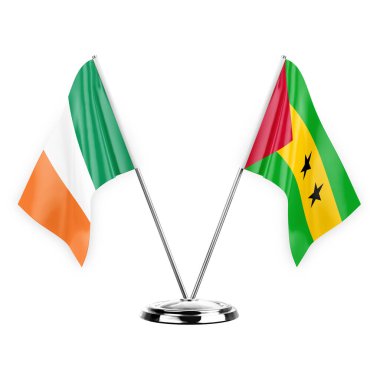 Two table flags isolated on white background 3d illustration, ireland and sao tome and principe
