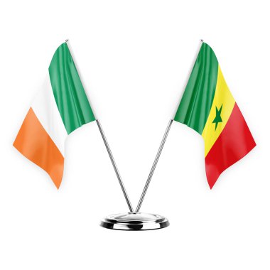 Two table flags isolated on white background 3d illustration, ireland and senegal