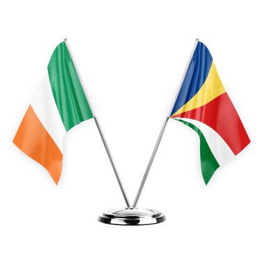Two table flags isolated on white background 3d illustration, ireland and seychelles