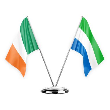Two table flags isolated on white background 3d illustration, ireland and sierra leone
