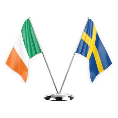 Two table flags isolated on white background 3d illustration, ireland and sweden