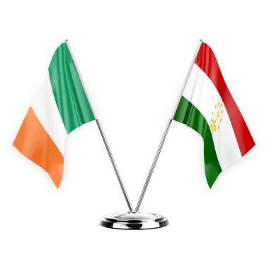 Two table flags isolated on white background 3d illustration, ireland and tajikistan