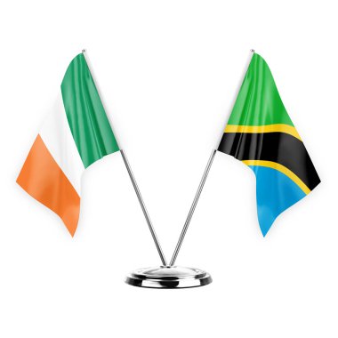 Two table flags isolated on white background 3d illustration, ireland and tanzania