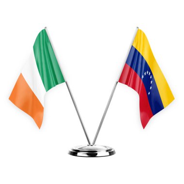 Two table flags isolated on white background 3d illustration, ireland and venezuela