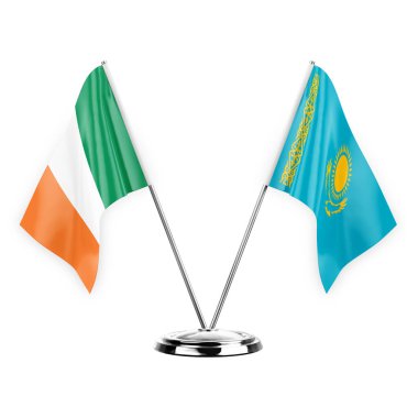 Two table flags isolated on white background 3d illustration, ireland and kazakhstan