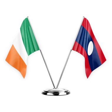 Two table flags isolated on white background 3d illustration, ireland and laos
