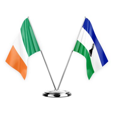 Two table flags isolated on white background 3d illustration, ireland and lesotho