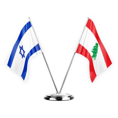 Two table flags isolated on white background 3d illustration, israel and lebanon