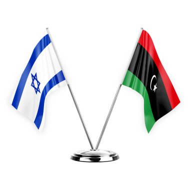 Two table flags isolated on white background 3d illustration, israel and libya