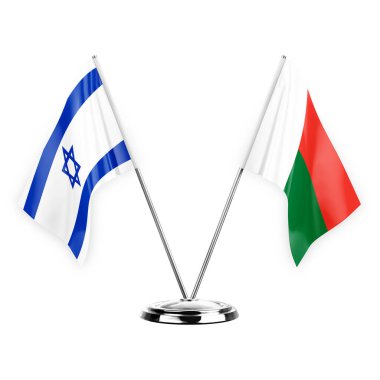 Two table flags isolated on white background 3d illustration, israel and madagascar
