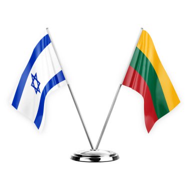 Two table flags isolated on white background 3d illustration, israel and lithuania