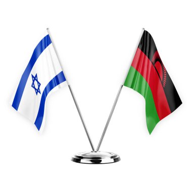 Two table flags isolated on white background 3d illustration, israel and malawi