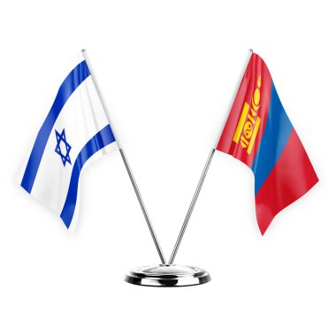 Two table flags isolated on white background 3d illustration, israel and mongolia
