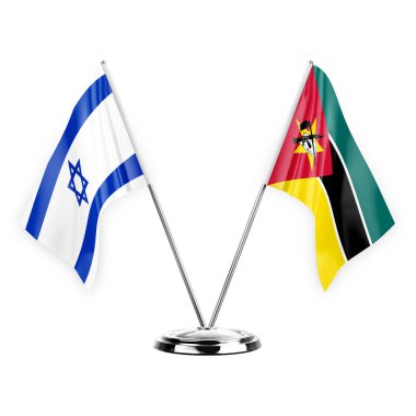 Two table flags isolated on white background 3d illustration, israel and mozambique