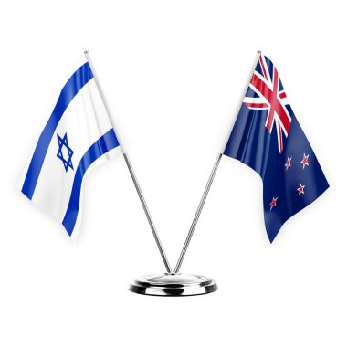 Two table flags isolated on white background 3d illustration, israel and new zealand