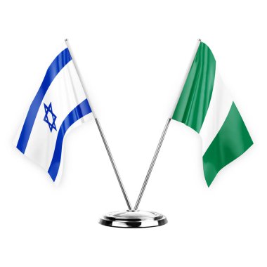 Two table flags isolated on white background 3d illustration, israel and nigeria