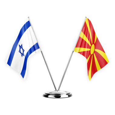 Two table flags isolated on white background 3d illustration, israel and north macedonia