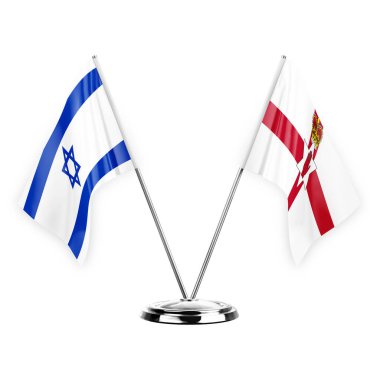 Two table flags isolated on white background 3d illustration, israel and ireland