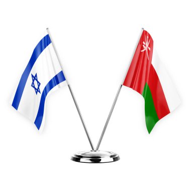 Two table flags isolated on white background 3d illustration, israel and oman