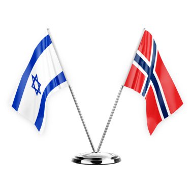 Two table flags isolated on white background 3d illustration, israel and norway