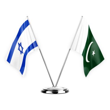 Two table flags isolated on white background 3d illustration, israel and pakistan