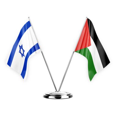 Two table flags isolated on white background 3d illustration, israel and palestine
