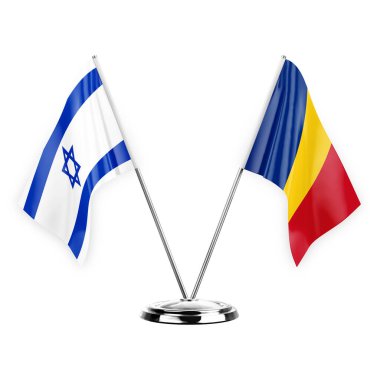 Two table flags isolated on white background 3d illustration, israel and romania