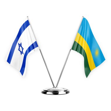 Two table flags isolated on white background 3d illustration, israel and rwanda