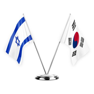 Two table flags isolated on white background 3d illustration, israel and south korea