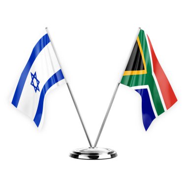 Two table flags isolated on white background 3d illustration, israel and south africa