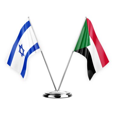 Two table flags isolated on white background 3d illustration, israel and sudan