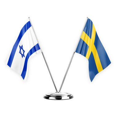 Two table flags isolated on white background 3d illustration, israel and sweden