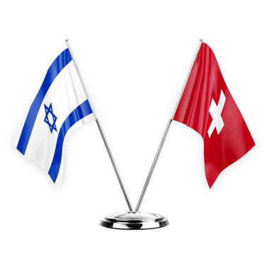 Two table flags isolated on white background 3d illustration, israel and switzerland