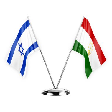 Two table flags isolated on white background 3d illustration, israel and tajikistan