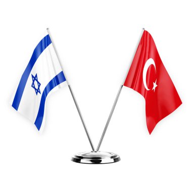 Two table flags isolated on white background 3d illustration, israel and turkey