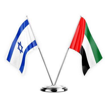 Two table flags isolated on white background 3d illustration, israel and united arab emirates