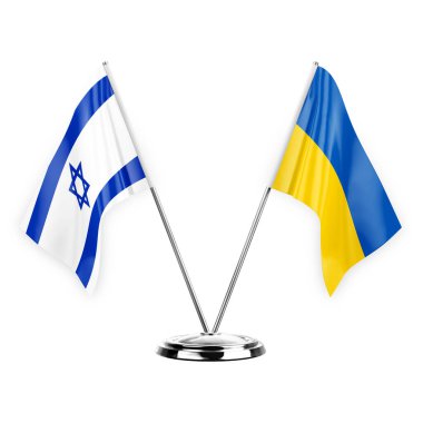 Two table flags isolated on white background 3d illustration, israel and ukraine