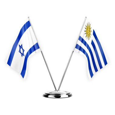 Two table flags isolated on white background 3d illustration, israel and uruguay