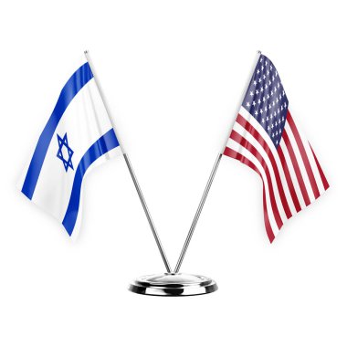 Two table flags isolated on white background 3d illustration, israel and usa
