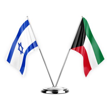 Two table flags isolated on white background 3d illustration, israel and kuwait