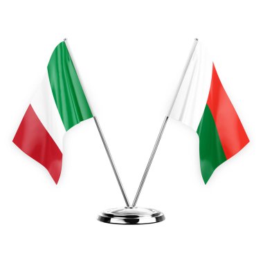 Two table flags isolated on white background 3d illustration, italy and madagascar