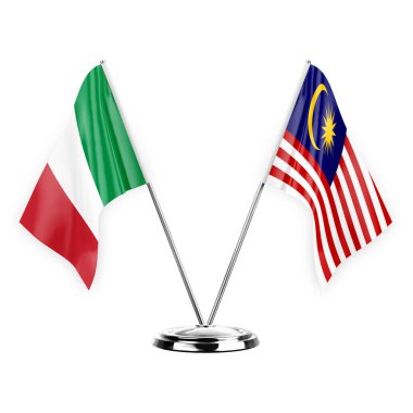 Two table flags isolated on white background 3d illustration, italy and malaysia