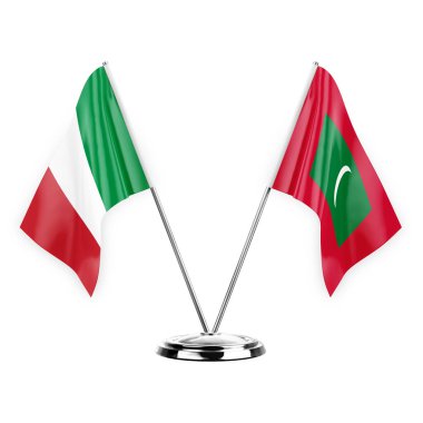 Two table flags isolated on white background 3d illustration, italy and maldives
