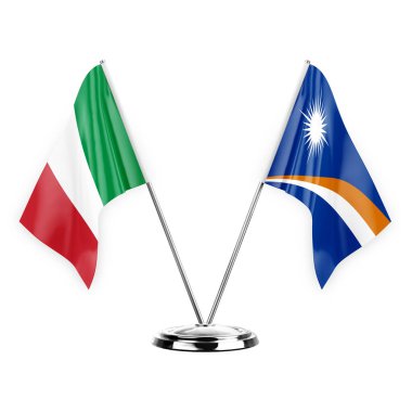 Two table flags isolated on white background 3d illustration, italy and marshall islands