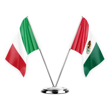 Two table flags isolated on white background 3d illustration, italy and mexico
