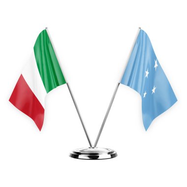 Two table flags isolated on white background 3d illustration, italy and micronesia