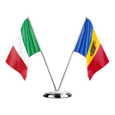 Two table flags isolated on white background 3d illustration, italy and moldova