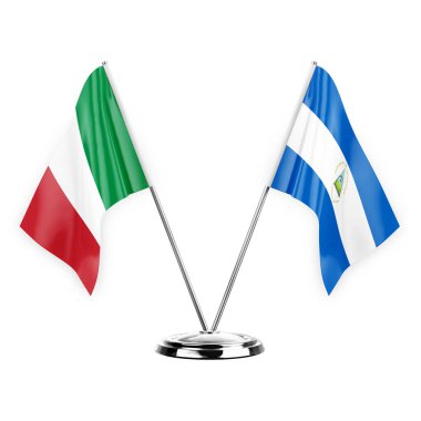 Two table flags isolated on white background 3d illustration, italy and nicaragua