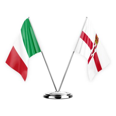 Two table flags isolated on white background 3d illustration, italy and ireland